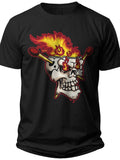 Black Flaming Skull Graphic T-Shirt, Men's Edgy Fire Match Eye Design Cotton Tee, Cool Casual Novelty Top