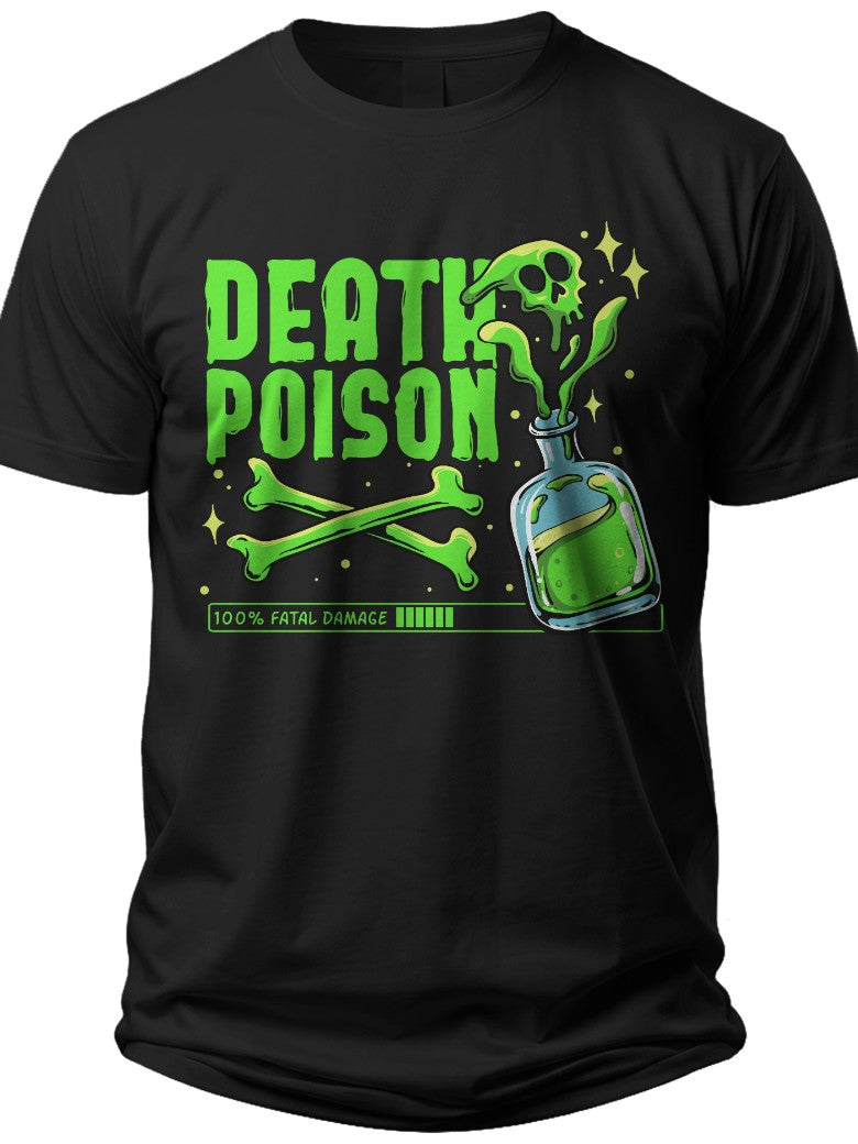 Men's Black Death Poison Skull Bones Graphic T-Shirt Spooky Halloween Theme Casual Tee