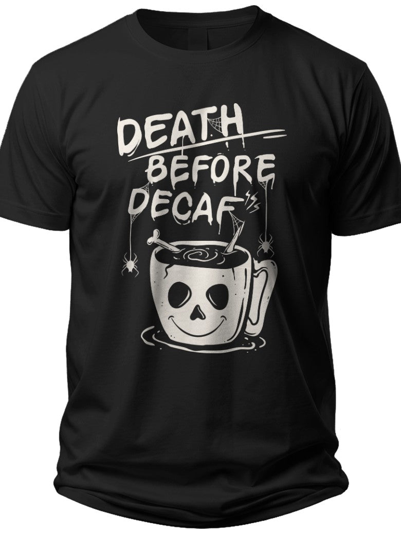 Funny Coffee Lover T-Shirt - Death Before Decaf Skull Mug Graphic Tee for Men Women Caffeine Humor Short Sleeve