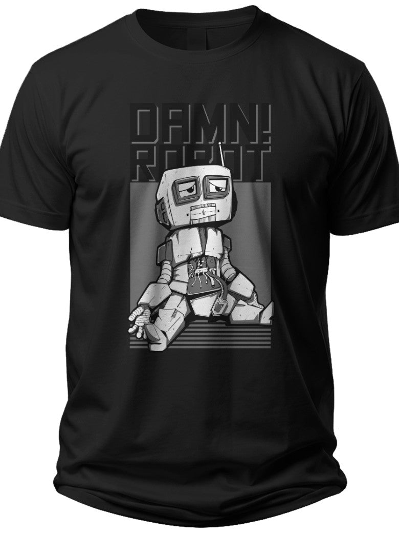 Unisex Black Frustrated Robot Graphic T-Shirt Funny Sci-Fi Cartoon Design Casual Cotton Tee