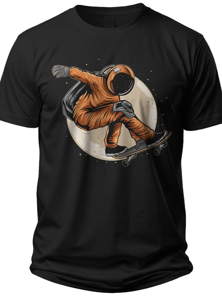 Unisex Astronaut Skateboarding Graphic T-Shirt Sci-Fi Space Theme Casual Black Tee for Men Women Teenagers