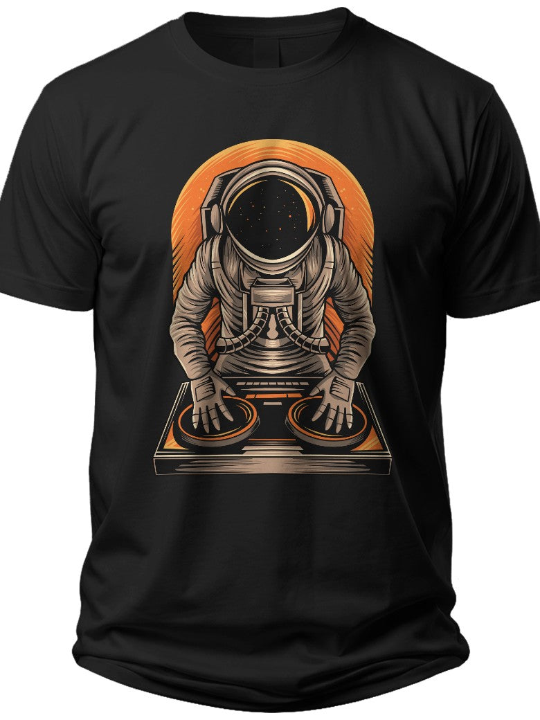 Unisex Astronaut DJ Graphic T-Shirt Space Music Lover Tee Sci-Fi Black Casual Top for Men Women