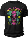 Black Graphic T-Shirt for Men Women Teens - Sci-Fi Invasion Skull Alien Monster Design Short Sleeve Casual Tee