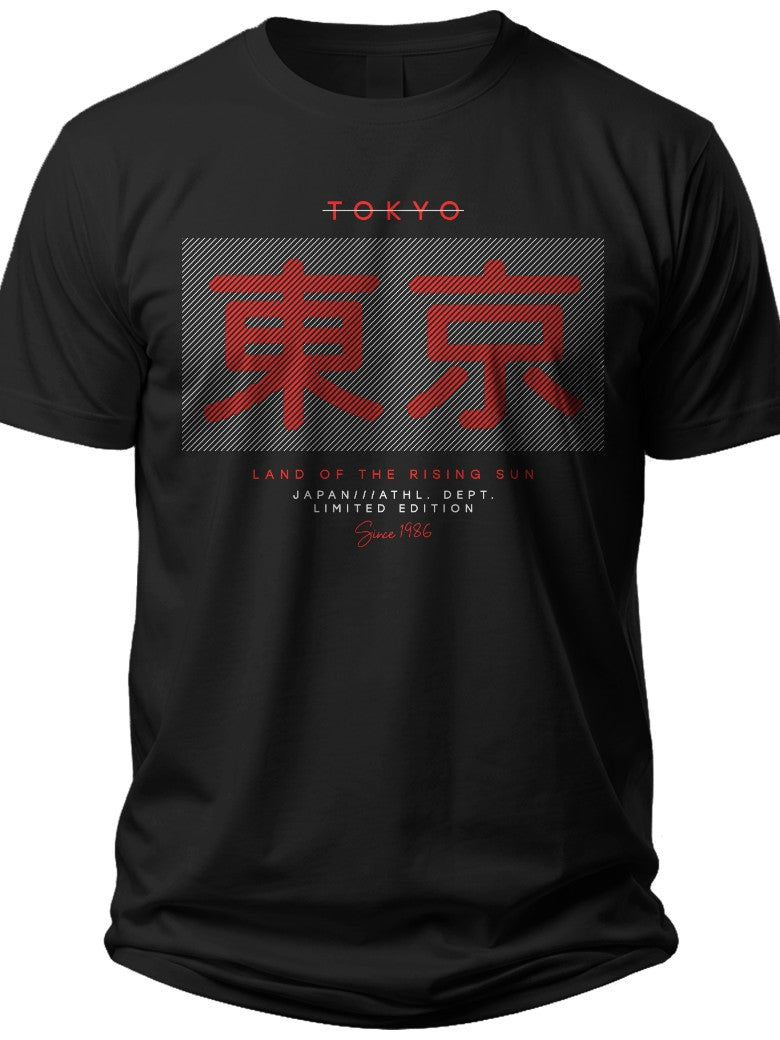Black Graphic T-Shirt Men's Short Sleeve Crew Neck with Red Stylized TOKYO Text Print Unique Eco-Themed Casual Tee