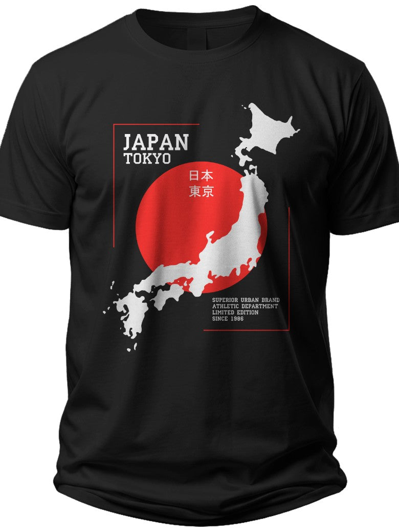 Graphic T-Shirt for Men Women Black Japan Map & Red Sun Design Tokyo City Travel Souvenir Casual Tee Gift